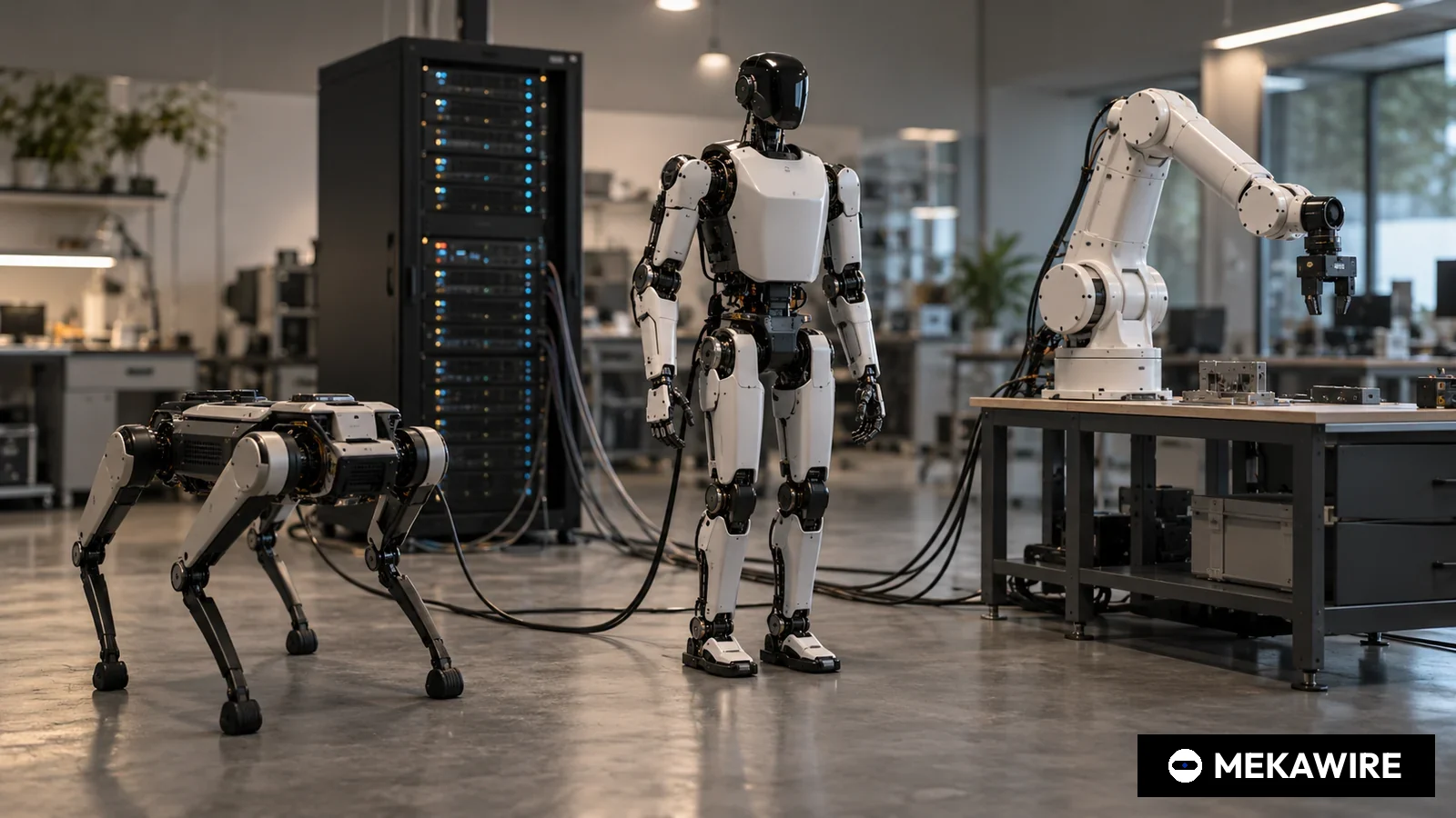 Skild AI stellt mit Skild Brain ein Robotik-Basismodell vor, das Vierbeiner, Humanoide und Roboterarme gleichermaßen steuern soll (Illustration: MEKAWIRE)