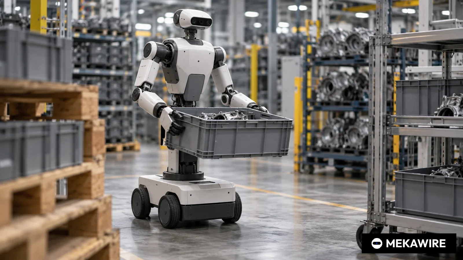 Londoner Start-up Humanoid lässt SAPs KI-Agenten seinen HMND-01-Roboter in einem laufenden Zulieferwerk steuern (Illustration: MEKAWIRE)