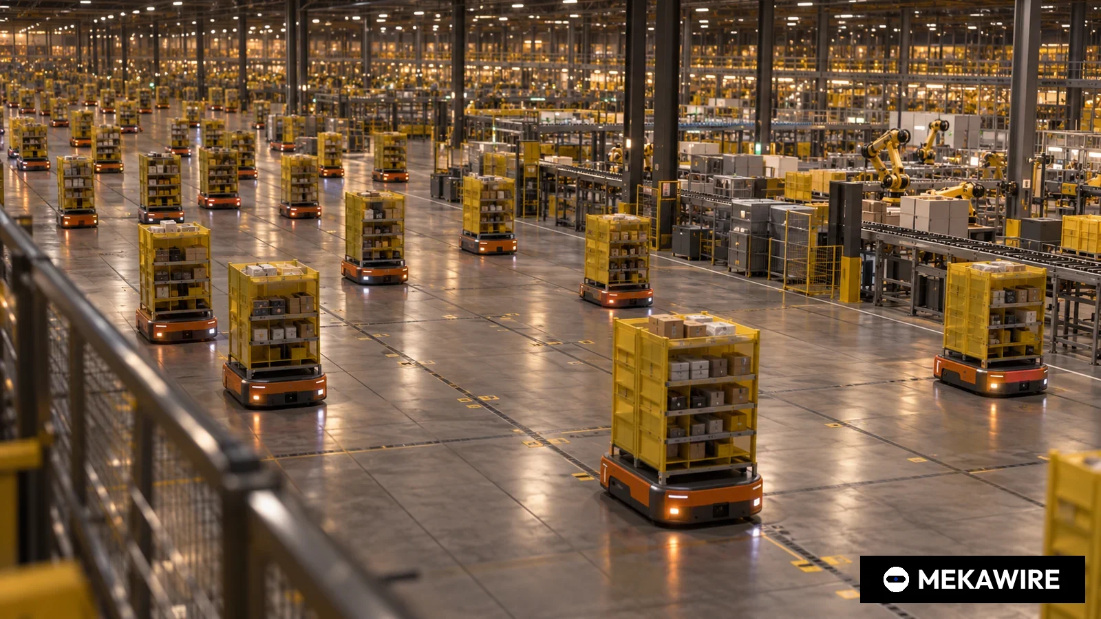 アマゾン、100万台目のロボットを日本の物流拠点に配備 走行時間を10%短縮するAI基盤モデル「DeepFleet」も公開 (イラスト:MEKAWIRE)